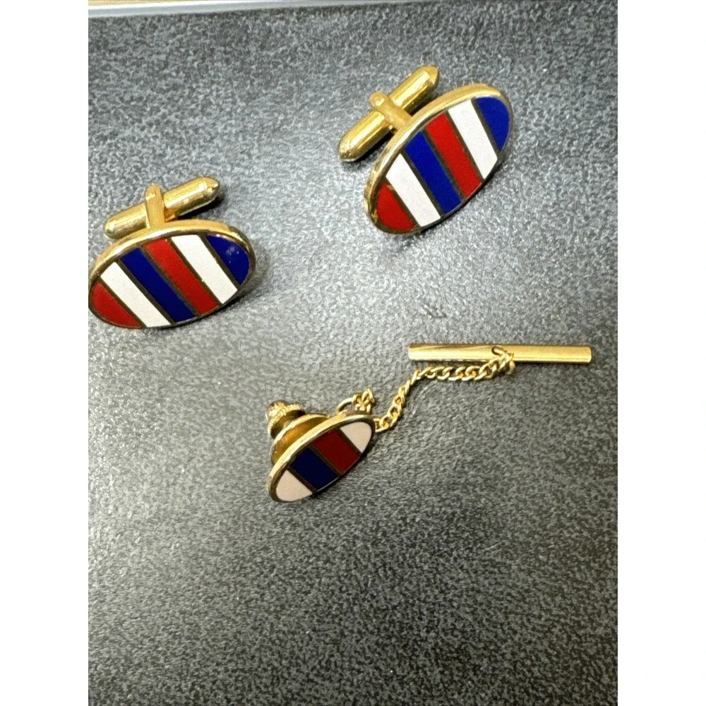 Vintage Red White And Blue Striped Oval Cufflinks and Matching Tie Tac Unmarked